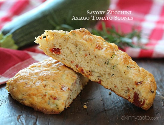 Light and biscuit-like savory scones made with a blend of whole wheat and white flour, shredded zucchini, sun dried tomato, Asiago cheese and fresh rosemary.