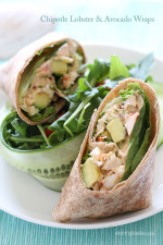 Chipotle lobster salad with avocado, scallions, cilantro and lettuce on a whole wheat wrap – fabulous!!
