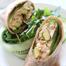 Chipotle lobster salad with avocado, scallions, cilantro and lettuce on a whole wheat wrap – fabulous!!