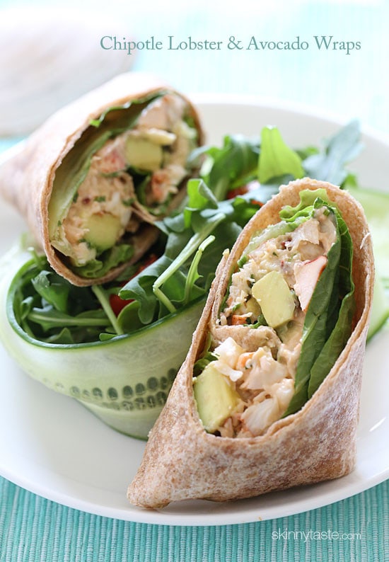 Chipotle lobster salad with avocado, scallions, cilantro and lettuce on a whole wheat wrap – fabulous!!