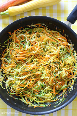 Zucchini, yellow squash and carrots cut into spaghetti like strands and sauteed with garlic and oil. I make this side dish ALL summer long – not just because it's low-carb, gluten-free, clean and paleo friendly, but because it's delicious, good for you and also happens to be my husband's favorite way to enjoy zucchini!