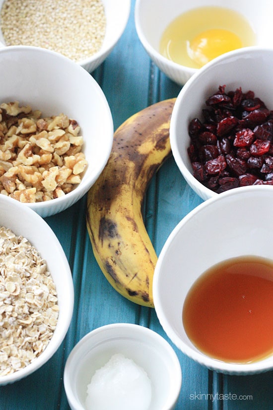 The heart-healthy power bars have all the ingredients one might have on a banana split: made with quinoa, rolled oats, dried cherries, nuts and honey.