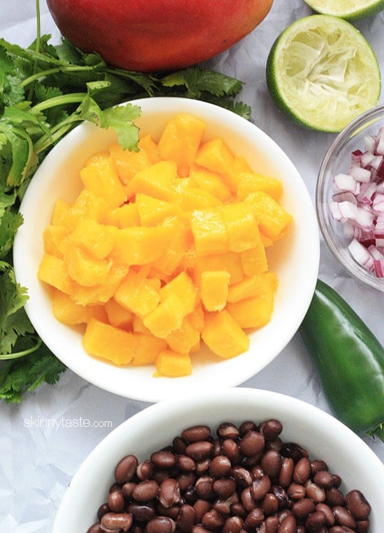 Grilled chicken breast, seasoned with cumin, spices and topped with a fresh salsa made with sweet mango, protein-rich black beans, lime and cilantro for flavor.