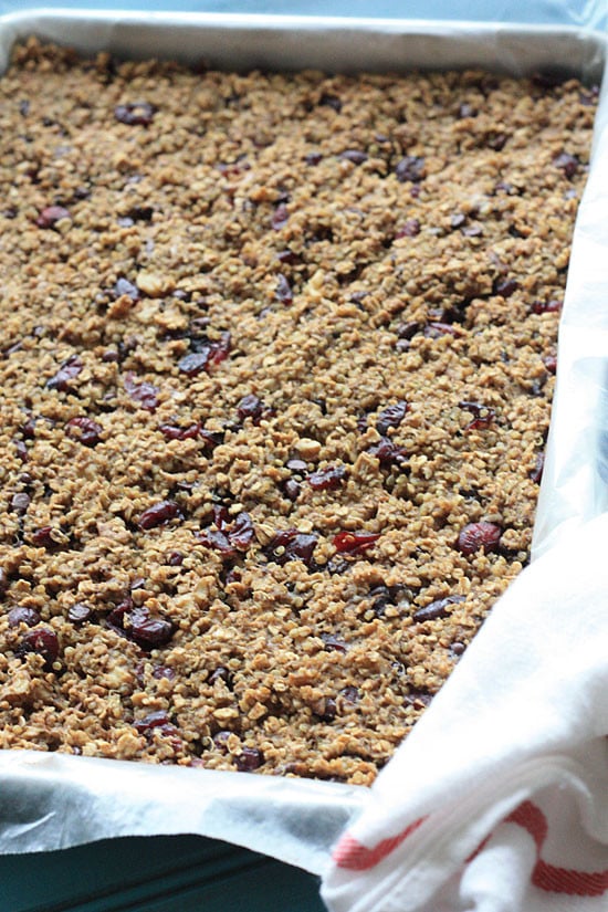 The heart-healthy power bars have all the ingredients one might have on a banana split: made with quinoa, rolled oats, dried cherries, nuts and honey.