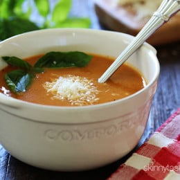This creamy, rich crock pot tomato soup is made in the slow cooker with tomatoes, herbs, milk and Pecorino Romano cheese, plus the cheese rind for added flavor.