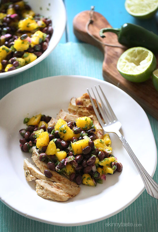 Grilled chicken breast, seasoned with cumin, spices and topped with a fresh salsa made with sweet mango, protein-rich black beans, lime and cilantro for flavor.