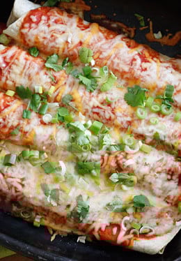 Cheesy meatless enchiladas filled with zucchini and cheese, topped with my homemade enchilada sauce –so delicious whether you are vegetarian or not.