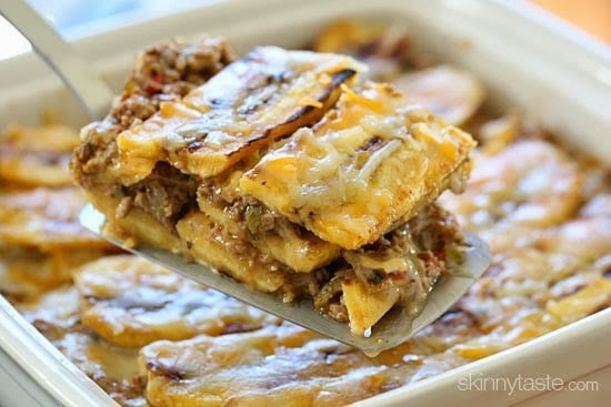 Turkey Pastelón is a latin lasagna made of strips of sweet plantain layered with savory picadillo and cheese. It's that sweet salty thing that makes it taste SO good!
