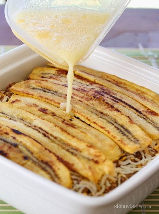 Turkey Pastelón is a latin lasagna made of strips of sweet plantain layered with savory picadillo and cheese. It's that sweet salty thing that makes it taste SO good!