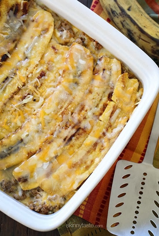 Turkey Pastelón is a latin lasagna made of strips of sweet plantain layered with savory picadillo and cheese. It's that sweet salty thing that makes it taste SO good!