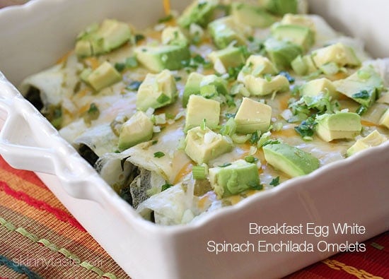 These easy low carb breakfast enchiladas are gluten-free, grain-free and vegetarian using egg whites as a "tortilla" - perfect for vegetarians and keto diets!