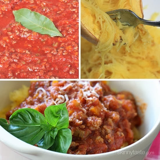 Spaghetti Squash with Meat Ragu is my go-to spaghetti squash meal! Roasted Spaghetti Squash topped with a simple-yet-delicious meat sauce simmered with tomatoes, onions, carrots and celery. It's so good, you won't miss the pasta!