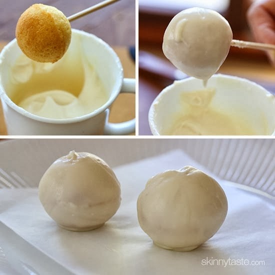 Easy Skinny Halloween mummy cake balls made light by using a box cake mix, egg whites and fat free Greek yogurt – no butter required!