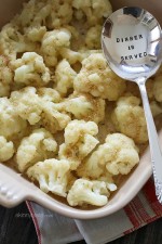 This super simple and easy to make cauliflower gratin uses light Havarti cheese, a splash of half and half, breadcrumbs and some seasoning for a delicious quick side.