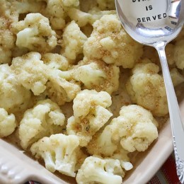 This super simple and easy to make cauliflower gratin uses light Havarti cheese, a splash of half and half, breadcrumbs and some seasoning for a delicious quick side.