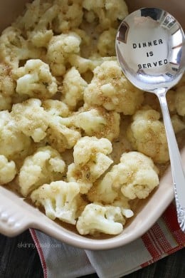 This super simple and easy to make cauliflower gratin uses light Havarti cheese, a splash of half and half, breadcrumbs and some seasoning for a delicious quick side.