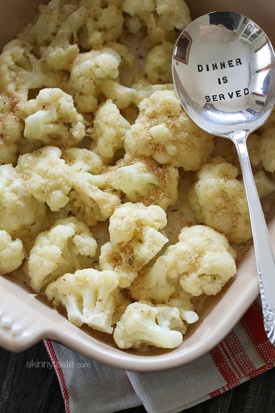 This super simple and easy to make cauliflower gratin uses light Havarti cheese, a splash of half and half, breadcrumbs and some seasoning for a delicious quick side.