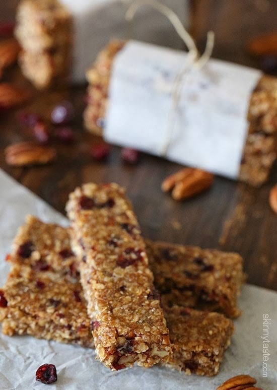 Chewy bars with chunks of toasted pecans and dried cranberries combined with toasted oats, almond butter and pure maple syrup. I'm in LOVE with these bars!