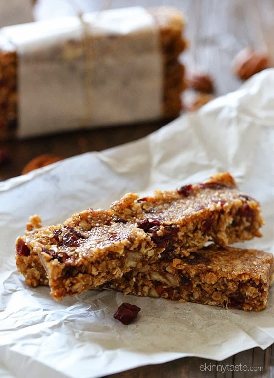 Morning Maple Cranberry Pecan Oat Bars Chewy bars with chunks of toasted pecans and dried cranberries combined with toasted oats, almond butter and pure maple syrup. I'm in LOVE with these bars!