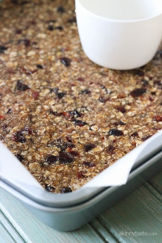 Chewy bars with chunks of toasted pecans and dried cranberries combined with toasted oats, almond butter and pure maple syrup. I'm in LOVE with these bars!