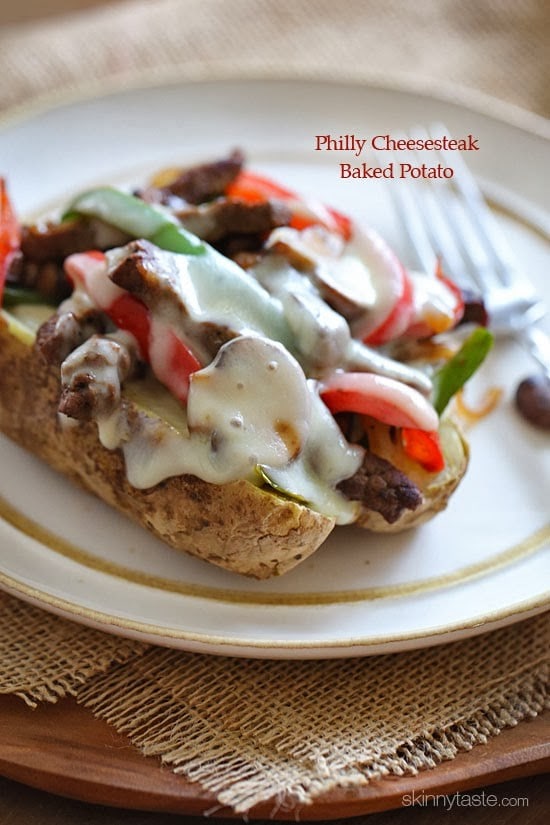Loaded Philly Cheesesteak Baked Potato Quick skillet steak with onions, peppers, mushrooms loaded on top of a baked potato and topped with melted cheese – this loaded Philly cheesesteak baked potato is perfect for the meat and potato lover in your life!