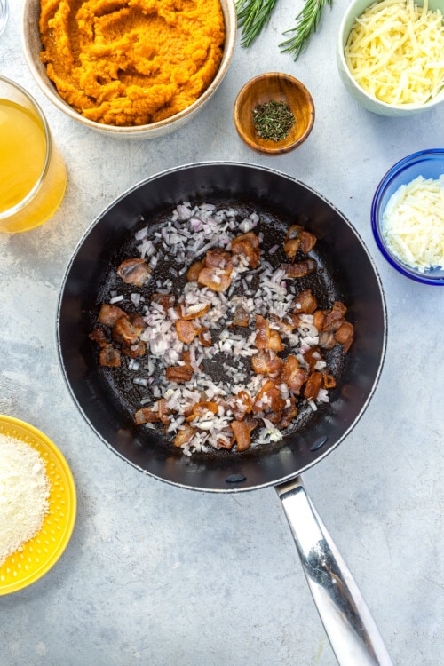 skillet with pancetta and shallots