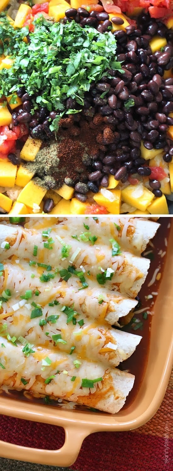 Butternut Squash and Black Bean Enchiladas Butternut squash, black beans, tomatoes, cilantro and spices are simmered in a skillet with green chilies and jalapeno, then wrapped in tortillas and baked in the oven with enchilada sauce and cheese – these vegetarian enchiladas are delicious and perfect for meatless Mondays, or any day of the week!