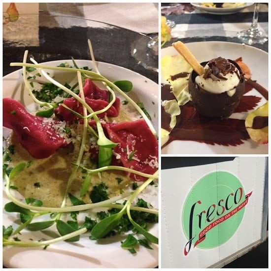 A plate of beet-colored pasta with pea shoots and creamy dressing, a plate with a chocolate cup filled with whipped cream and shaved chocolate, a photo of the Fresco logo