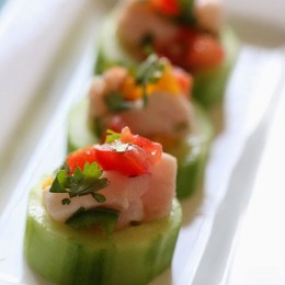 These Ceviche Cucumber Cups are made with fresh raw fish (shellfish), lime juice, onions and cilantro, making it gluten-free, paleo friendly and low-carb!