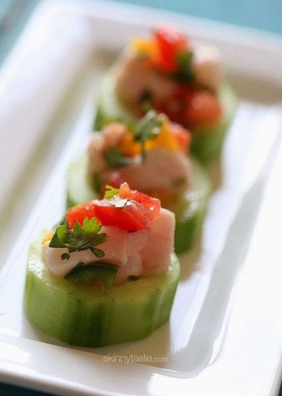 These Ceviche Cucumber Cups are made with fresh raw fish (shellfish), lime juice, onions and cilantro, making it gluten-free, paleo friendly and low-carb!