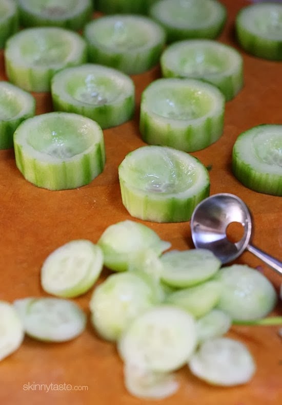 These Ceviche Cucumber Cups are made with fresh raw fish (shellfish), lime juice, onions and cilantro, making it gluten-free, paleo friendly and low-carb!