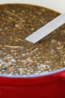 This delicious, hearty chicken and lentil soup made withcilantro, cumin and spices is perfect for warming your belly on those cold winter nights. What's more, it's easy to make, economical and very satisfying.