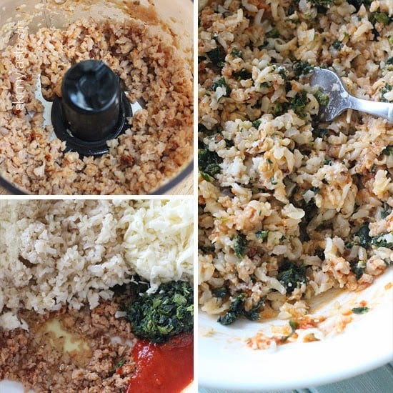 Chopped sausage in a food processor bowl, a mixing bowl with sausage, rice, cheese, spinach, bread crumbs, and marinara sauce, a mixing bowl with all ingredients combined
