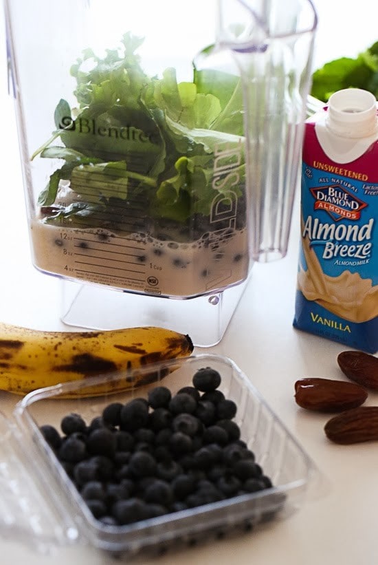 Black is the new green! The dark color of this smoothie is from antioxidant rich blueberries and kale added with almond milk, peanut butter, ripe banana, dates.