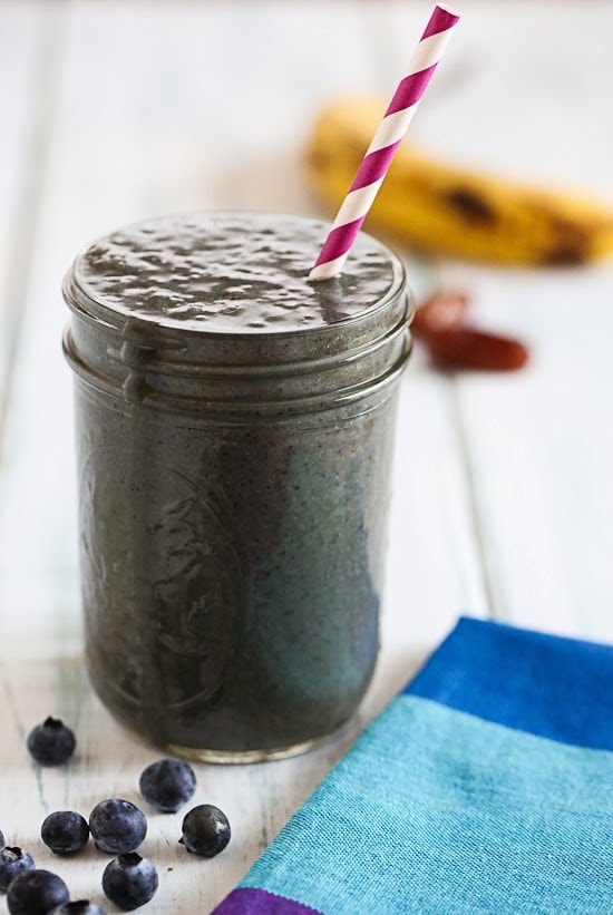 Black is the new green! The dark color of this smoothie is from antioxidant rich blueberries and kale added with almond milk, peanut butter, ripe banana, dates.