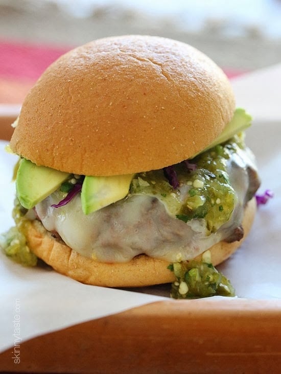 Salsa Verde Burger Wow, these Salsa Verde Burgers are OFF THE HOOK! If you need a new burger idea that everyone will love, look no further. These burgers are lean with a mean, green kick topped with pepper jack cheese, salsa verde and avocado – delish!