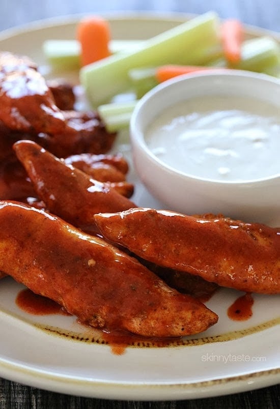 Skinny Buffalo Chicken Strips Easy, spicy and delicious!