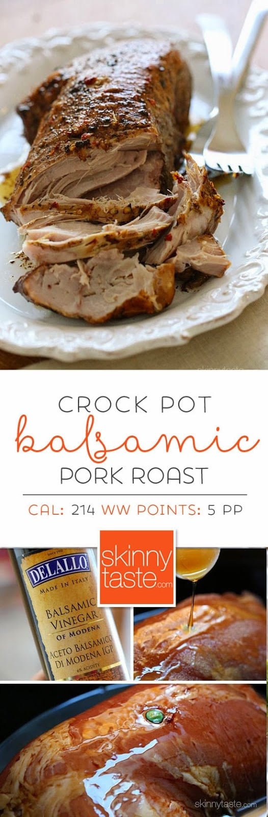 Crock Pot Balsamic Pork Roast This Crock Pot Balsamic Pork Roast is so easy and literally falls apart once cooked. Here it's cooked with balsamic vinegar and honey which gives it a slight tang that I love!