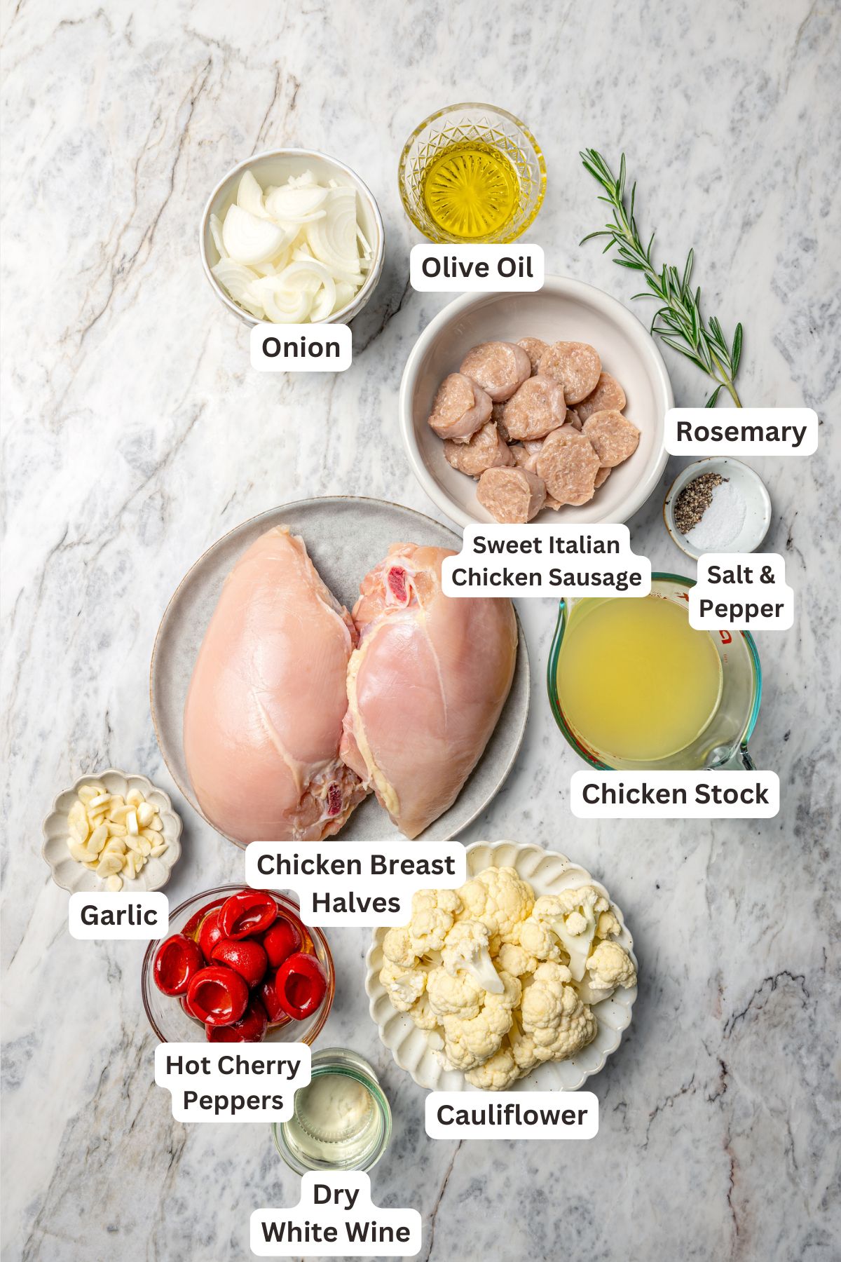 Overhead view of ingredients for chicken scarpariello with labels.