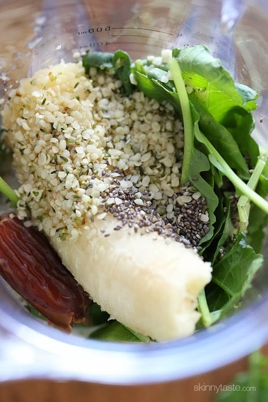 Baby kale, banana, chia seeds, and shelled hemp seeds – this superfood smoothie is packed with nutrients and it's quite delicious and satisfying. It's also vegan, dairy-free and gluten-free.