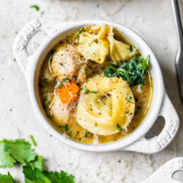 This turkey meatball spinach tortellini soup is an easy, kid-friendly soup and a great way to warm up on a cold winter night. One large bowl is under 300 calories and is very satisfying.
