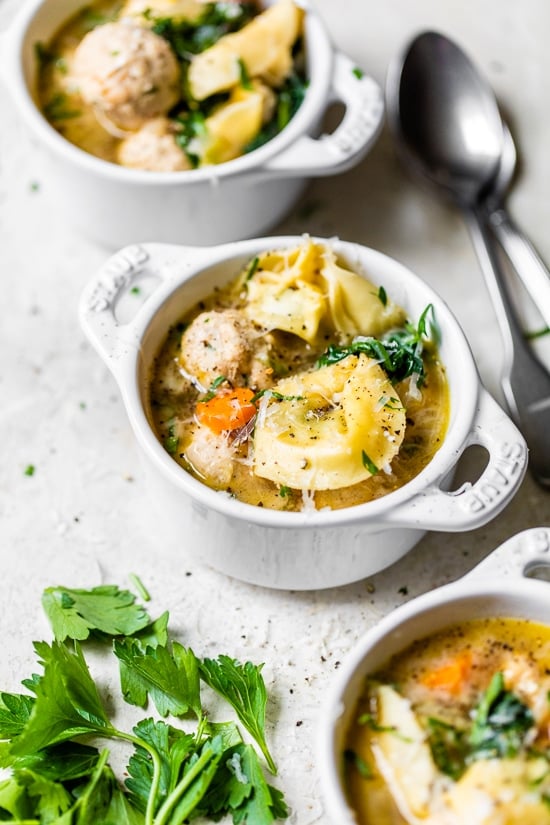 Turkey Meatball Spinach Tortellini Soup in a bowl.