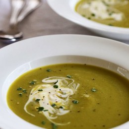 Cream of asparagus with the addition of leeks, a relative of onions, scallions and shallots, topped with a dollop of creme fraiche makes this one of my favorite Spring soups.