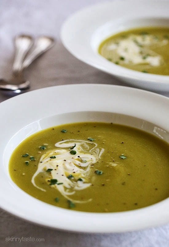 Cream of asparagus with the addition of leeks, a relative of onions, scallions and shallots, topped with a dollop of creme fraiche makes this one of my favorite Spring soups.