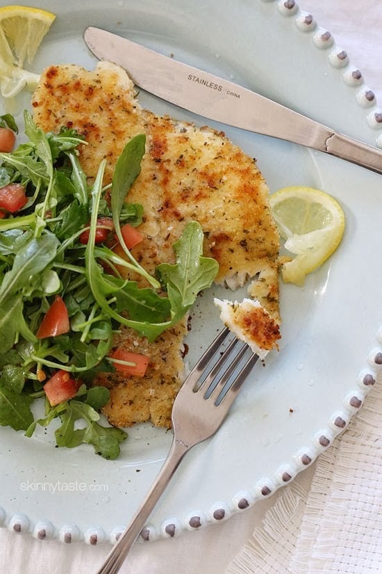 Flounder Milanese with Arugula and Tomatoes Breaded flounder milanese, lightly pan sauteed and topped with an arugula, lemon and tomatoes – a simple yet delicious way to prepare fish. Perfect for Lent, or any night you're in the mood for fish.