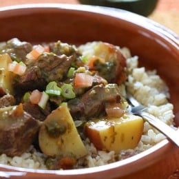 Crock pot carne guisada is a slow cooked Latin beef stew with baby red potatoes and Latin seasonings. Serve this topped with fresh aji picante – it's a must and really brightens the flavors and rounds out the dish!