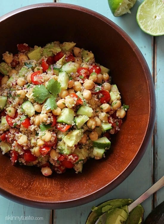 Quinoa Chickpea and Avocado Salad Quinoa chickpea and avocado salad with cucumbers, tomatoes, red onion, lime juice and cilantro – a flavorful vegetarian salad loaded with protein, fiber and healthy fats.