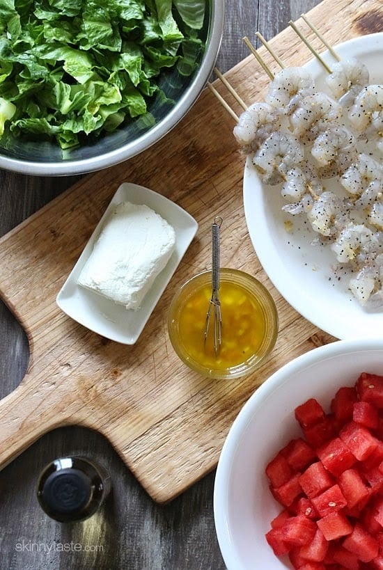 Grilled Shrimp and Watermelon Chopped Salad uses romaine tossed with sweet, juicy watermelon, grilled shrimp and goat cheese with a golden balsamic vinaigrette – I'll be making this salad all summer!!