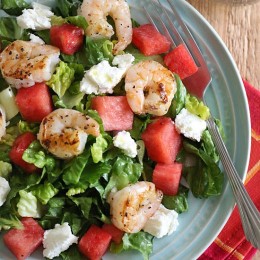 Grilled Shrimp and Watermelon Chopped Salad uses romaine tossed with sweet, juicy watermelon, grilled shrimp and goat cheese with a golden balsamic vinaigrette – I'll be making this salad all summer!!