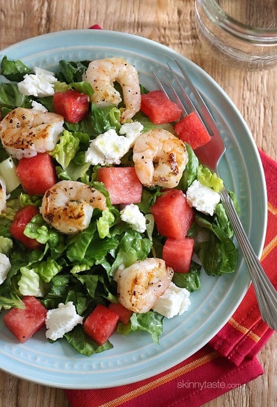 Grilled Shrimp and Watermelon Chopped Salad uses romaine tossed with sweet, juicy watermelon, grilled shrimp and goat cheese with a golden balsamic vinaigrette – I'll be making this salad all summer!!